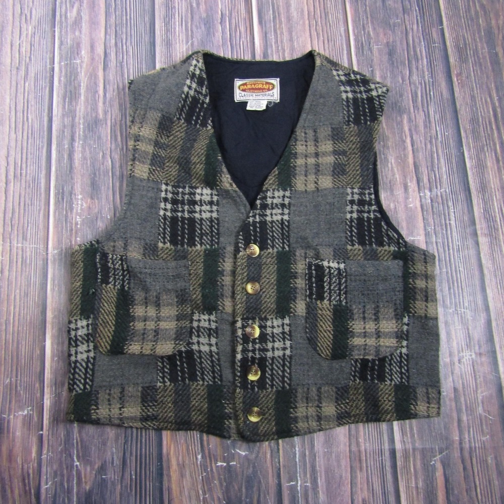 Paragraff Vest Womens L Gray Plaid Wool Tweed Button Front Lined Outdoor